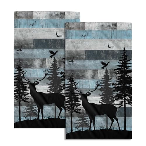 Giwawa Rustic Deer Towel Set of 2 Forest Wildlife Woodland Hand Face Towels with Vintage Blue Wood Board Farmhouse Elk Decorative Soft Microfiber Dish Towel for Bathroom Guest Gym Spa Hotel - color: Deer
