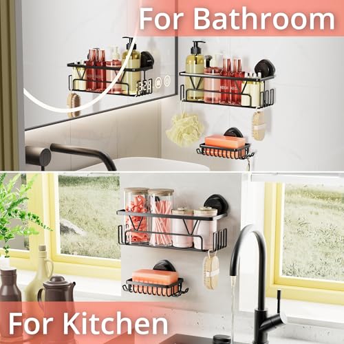 KEGII Suction Cup Shower Caddy Shower Organizer Shelf Bathroom Storage | 2 Pack Stainless Steel No Drill Shower Suction Shelf with Soap Holder & Hooks, Shampoo Holder Bathroom Basket, Black - color: Matte Black