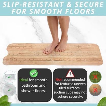 ENKOSI Non-Slip Bath & Shower Mat 40x16 Extra Long, Suction & Drain Holes | Wood-look spa finish; Durable PVC; 40x16 in, Wood Teak - color: Wood Teak