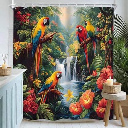 Jungle Parrot Shower Curtain Forest Waterfall Tropical Bird Exotic Floral Rainforest Green Leaves Nature Plant Flower Birds Bathroom Curtains Polyester Fabric Bathtub Decor with Hooks 60 x 70 Inch - size: 60"W x 70"L (Pack of 1)