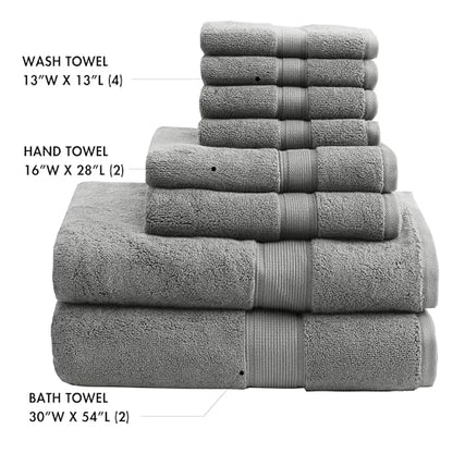 Madison Park 800GSM 100% Cotton Bathroom Bath Towel Set of 8, Grey | Long Staple, Highly Absorbent, Durable Hotel Spa Quality, Quick Dry, Double Stitched Hems, Lint Reducing, OEKO-TEX Certified - color: Grey, size: Multi-Sizes