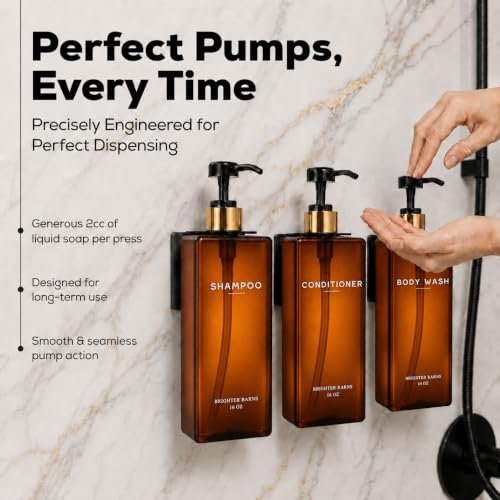 Amber Shampoo and Conditioner Dispenser Set Wall Mounted by Brighter Barns - Refillable Shower Dispenser 3 Chamber No Drill - Plastic Shampoo Bottles for Shower Wall, Guest Bathroom, RV, Hotel (Amber) - color: Amber