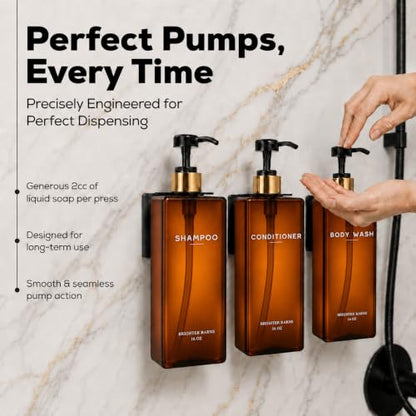 Amber Shampoo and Conditioner Dispenser Set Wall Mounted by Brighter Barns - Refillable Shower Dispenser 3 Chamber No Drill - Plastic Shampoo Bottles for Shower Wall, Guest Bathroom, RV, Hotel (Amber) - color: Amber
