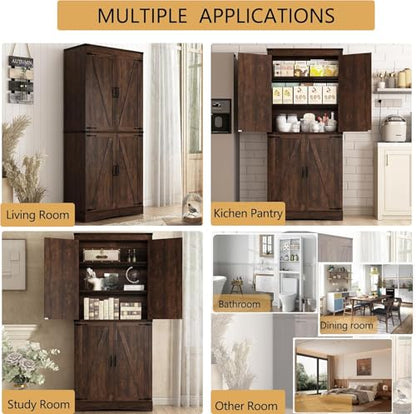 Hlivelood 71" Tall Kitchen Pantry,Farmhouse Storage Cabinet with Adjustable Shelves,Load-Bearing Steel Pipe,Farmhouse Pantry Cabinet with 4 Barn Doors, for Kitchen,Dining Room,Living Room(Brown) - color: Brown