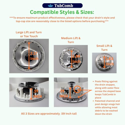 The Selective Tub Drain Hair Catcher, Filters Hair, Not Debris, 3 Pack Fits Lift and Turn, Toe Touch and Pop Up Drains for Longer Human Hair