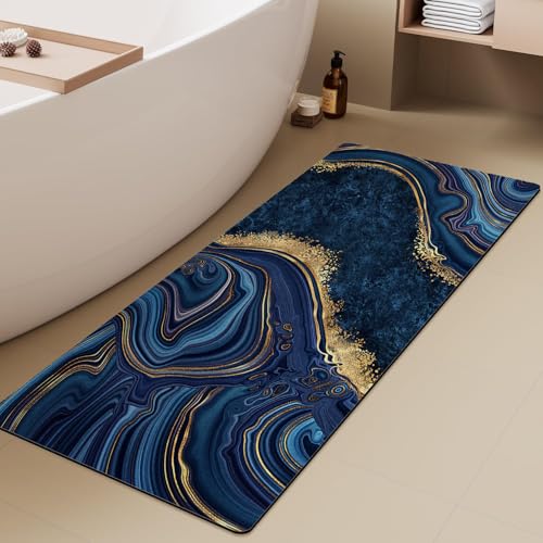 Extra Long Bath Rug, Blue Marble and Golden Veins Decor Non Slip Bath Runner Rug with Rubber Backing, Thin Absorbent Quick Dry Bath Mats for Bathtub Bathroom Kitchen, 15.7x47.2 inch - color: Blue Marble