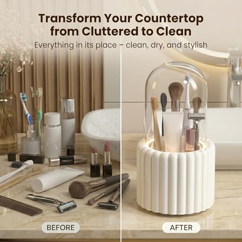 Toothbrush Holder with Sliding Lid, Toothbrush Holders for Bathrooms,360° Rotating Makeup Brush Storage Rack - Waterproof and Dustproof, Toothbrush Toothpaste Holder Beauty Brush (Snow-White) - color: Snow-white