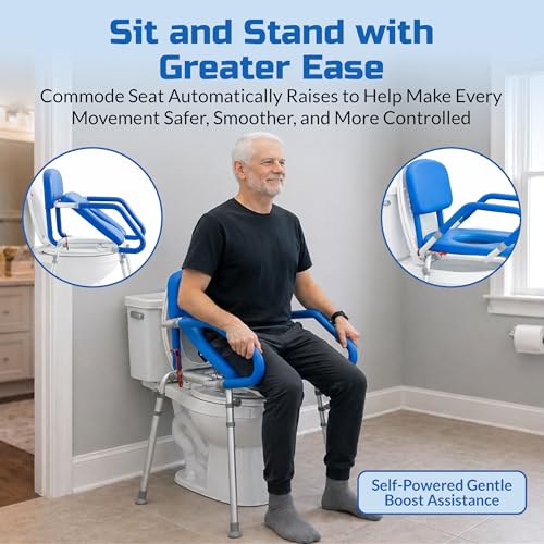 Raised Toilet Seat with Handles, Elevated Toilet Seat Riser for Seniors | Comfortable, Accessible Bedside Toileting - Blue, padded seat, backrest - size: 300lb. Capacity