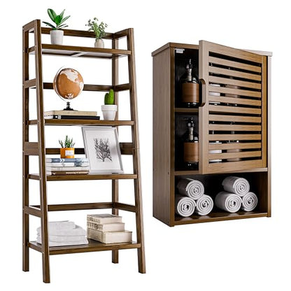 HITNET Bathroom Wall Cabinet and Ladder Shelf, Bamboo Over Toilet Hanging Storage Organizer with Adjustable Shelf, Space Saving Leaning Book Shelf, Walnut