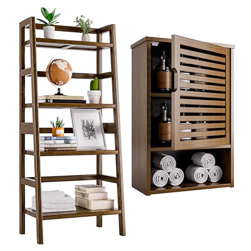 HITNET Bathroom Wall Cabinet and Ladder Shelf, Bamboo Over Toilet Hanging Storage Organizer with Adjustable Shelf, Space Saving Leaning Book Shelf, Walnut