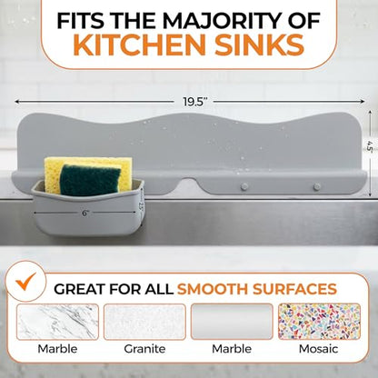 MACMED Silicone Sink Splash Guard with Sponge Holder for Kitchen Sink,19.5" | Water Splash Guard for Kitchen Sink, Faucet, Bathroom Tubs & Countertop Protector – Water Backsplash Guard - Grey Color