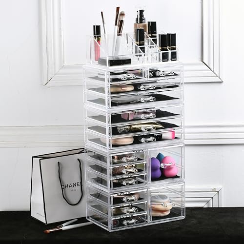 Ikee Design 5 Pcs Acrylic Makeup Organizer, 15 Drawers Lipstick Holders | 5 Pcs Set Acrylic Makeup Organizer with 15 Drawers and Removable Top Lipstick Holders, Make-up,Your Vanity or Bathroom - color: 1d) 1 Top 15 Drawers