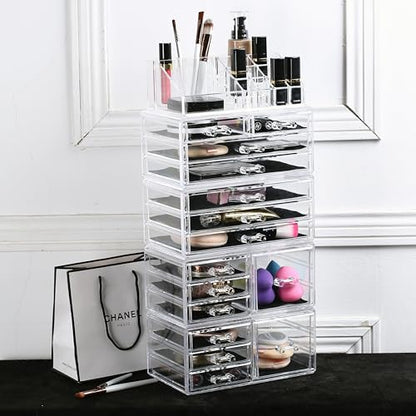 Ikee Design 5 Pcs Acrylic Makeup Organizer, 15 Drawers Lipstick Holders | 5 Pcs Set Acrylic Makeup Organizer with 15 Drawers and Removable Top Lipstick Holders, Make-up,Your Vanity or Bathroom - color: 1d) 1 Top 15 Drawers