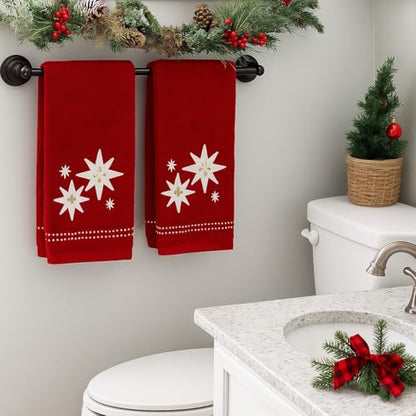 Christmas Bath Hand Towels, Stars with Sequins, Cotton, Red, 16" x 25", Set of 2 - color: Organza Stars