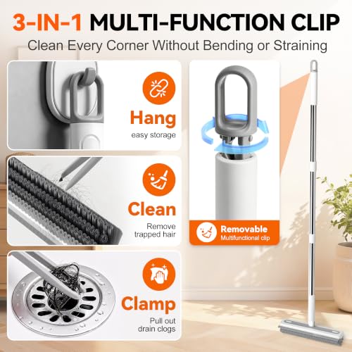 3-in-1 Floor Scrub Brush with 55” Long Handle, V-Shape & Squeegee | V-shape head,built-in squeegee,removable detail brush,55" long handle,stiff bristles,180°rotating,3-in-1 floor scrub brush