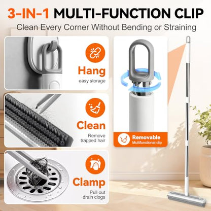 3-in-1 Floor Scrub Brush with 55” Long Handle, V-Shape & Squeegee | V-shape head,built-in squeegee,removable detail brush,55" long handle,stiff bristles,180°rotating,3-in-1 floor scrub brush