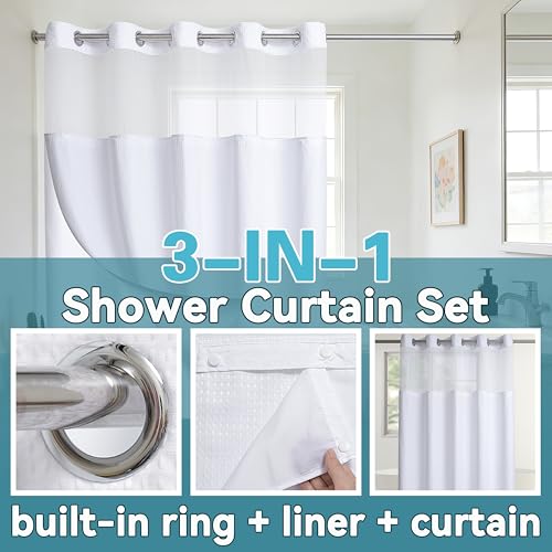 Conbo Mio Extra Long No Hook Waffle Weave Shower Curtain with Snap in Liner Set, Hotel Luxury White Shower Curtains for Bathroom with See Through Top Window, Waterproof, Washable 71W x 84H - color: Waffle-white, size: 71"W x 84"L (Pack of 1)