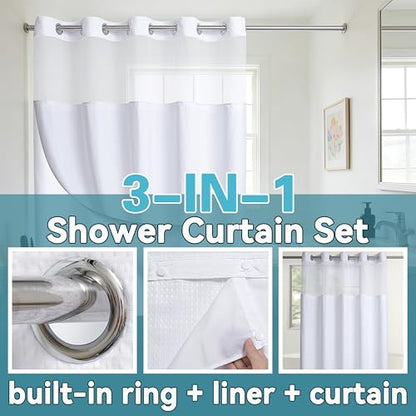 Conbo Mio No Hook Waffle Weave Shower Curtain with Snap in Liner Set, Hotel Luxury White Shower Curtains for Bathroom with See Through Top Window, Waterproof, Washable 71W x 74H - color: Waffle-white, size: 71"W x 74"L (Pack of 1)