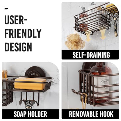 Shower Caddy Suction Cup, 2 Pack Shelves for Inside with Hooks | Brown Shower Storage, Rustproof Meatl Bathroom Basket, Soap Holder, NO-Drilling Shower Holder - color: 2 X Brown