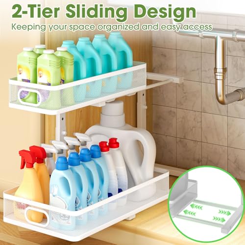 Under Sink Organizer 2-Pack, Metal 2-Tier Pull-Out Cabinet Shelf with Slide-Out Mesh Drawers, Height Adjustable, Space-Saving Under Sink Storage Racks for Kitchen, Bathroom, Laundry Room, White - color: White