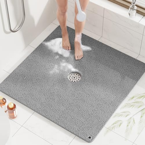 HITSLAM Square Loofah Shower Mat, 32x32 Inch Non Slip Bath Mat, Grey | Cushioned PVC Bathtub Mat Without Suction Cups, Quick Drying With Middle Drain Hole, Hanging Holes For Easy Storage - color: Grey, size: 32" x 32" (Square)
