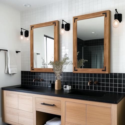 Wood Framed Bathroom Vanity Mirror for Wall, 20"x28" Farmhouse Mirror | Solid Wood Frame, HD Shatterproof Glass, Vertical/Horizontal Hanging, Ideal for Bathroom, Living Room, Bedroom - size: 28"L x 20"W