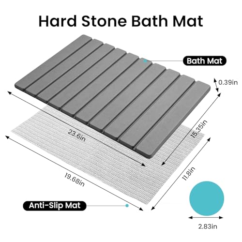 Quick Dry Bath Mat，Foldable Stone Bathroom Mat Quick Dry | Dark Gray, Large Size Quick-Drying Type Diatomaceous Bathtub Mat， Size 23.6"(L)×15.4"(W)