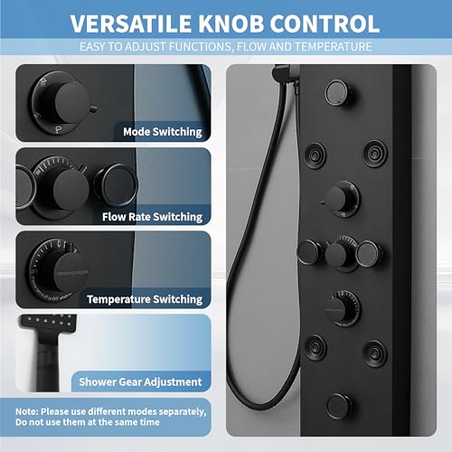Shower Panel, Rainfall Handheld & 5 Body Jets, Black | Stainless Steel, Multi-Function Shower Tower System, Handheld Shower Wand Tub Spout and Rainfall Head, Temperature Display - color: Black, style: LED Shower Panel