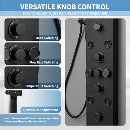 Shower Panel, Rainfall Handheld & 5 Body Jets, Black | Stainless Steel, Multi-Function Shower Tower System, Handheld Shower Wand Tub Spout and Rainfall Head, Temperature Display - color: Black, style: LED Shower Panel