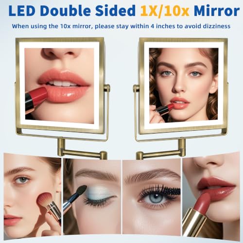 Ruacq Wall Mounted Makeup Mirror with Lights 1X/10X Antique Brass | 8",4000mAh Rechargeable,Magnification,3 Color,Touch Screen Dimmable,360° Rotation Extension Foldable Arm, Square, Women Gift - color: Antique Brass