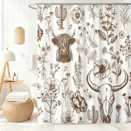 Wild West Bull Skull Shower Curtain Western Cactus Cow with Flowers Shower Curtains Brown Southwestern Bathroom Shower Curtain Set Bohemian Farmhouse Nature Bathroom Home Decor 72X72 inches - color: Brown Cream