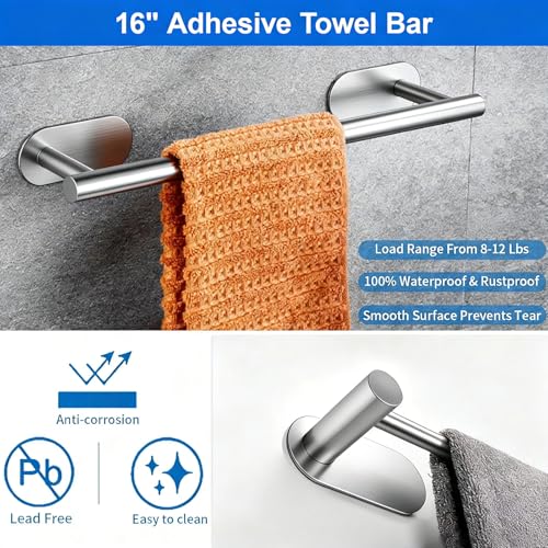 Towel Bar,Adjustable 16-24" Towel Rack,SUS304 Stainless Steel Bathroom Towel Holder,No Drill,Self Adhesive & Wall Mounted for Bathroom Kitchen Hand Towel Holder Cloths(Matte Black) (silver) - color: Silver
