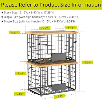 2-Pack Stackable Wire Baskets with 2 Pads & Bamboo Top, Pantry Organizer | Potato and Onion Storage Bin with Labels, Organize Produce/Fruit/Vegetable on Kitchen Counter, Cabinet or Under Sink, XL - size: XL-17.28x13.15x8.43