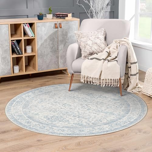 4ft Round Light Blue Vintage Floral Washable Rug for Living Room | Low Pile, Non Slip, Retro Style, Soft Distressed Round Rug for Living Room, Bedroom, Dining Room, Home Decor - color: Retro | Light Blue, size: 4' (Round)