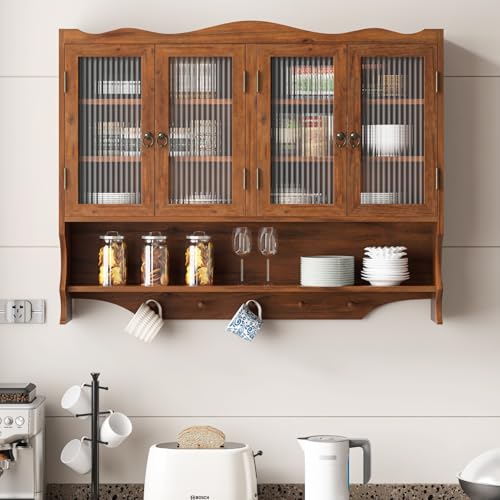 KEIKI 39.37" L Wall Mounted Kitchen Sideboard Cabinet with 4 Glass Door, 5 Hook Rack, 4 Layers Shelves, Retro Storage Buffet Medicine Cabinet for Bathroom, Dining Rooms, Entryway, Solid Wood, Walnut - color: Walnut, size: Large