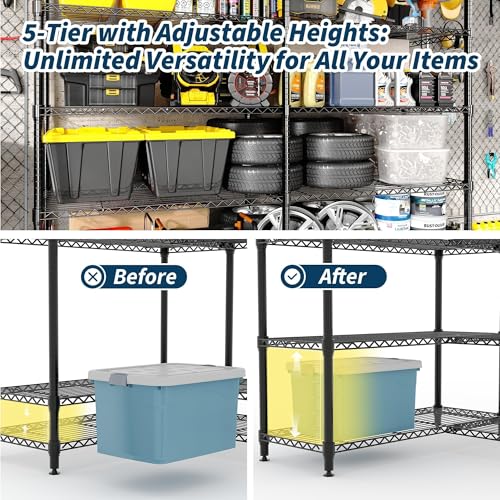Garvee 71" Wide Storage Shelves Metal Shelving Units 5 Tier, 1325LBS | Heavy Duty & Adjustable Wire Shelving Rack, Standing/L-shaped, Use for Garage Kitchen Pantry Warehouse, Black - size: 70.5"Hx15.7"Dx71"W, 5-Layer