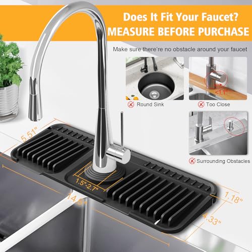 14.6-Inch Kitchen Sink Splash Guard Mat | 7° Slope for Fast Self-Draining | Snap-Lock Design | Universal & Cuttable Silicone Faucet Mat BLACK - color: Black, size: 14.6" x 5.5"