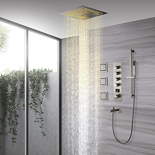 Cascada Luxury 16” Music LED Shower System with Digital Display Valves, 4 Functions (Rainfall, Waterfall, Body jets & Handheld) (Brushed Nickel) - color: Brushed Nickel