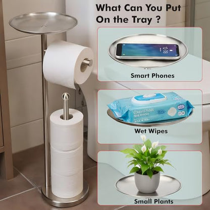 Freestanding Toilet Paper Holder with Shelf, Toilet Paper Stand with Storage for Holding Extra 4 Toilet Paper Rolls (Brushed Nickel) - color: Brushed Nickel