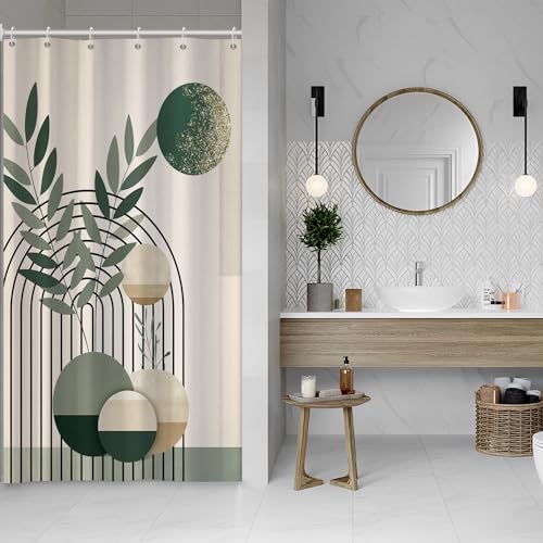 Mid Century Sage Green Stall Shower Curtain with Hooks 48x72 Inch | Waterproof Small Abstract Green and Beige Bathroom Curtain for Shower Stall, Machine Washable - color: Abstract 041, size: 48"W x 72"L (Pack of 1)