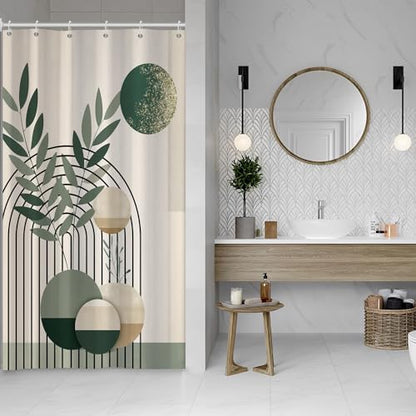Mid Century Sage Green Stall Shower Curtain with Hooks 48x72 Inch | Waterproof Small Abstract Green and Beige Bathroom Curtain for Shower Stall, Machine Washable - color: Abstract 041, size: 48"W x 72"L (Pack of 1)