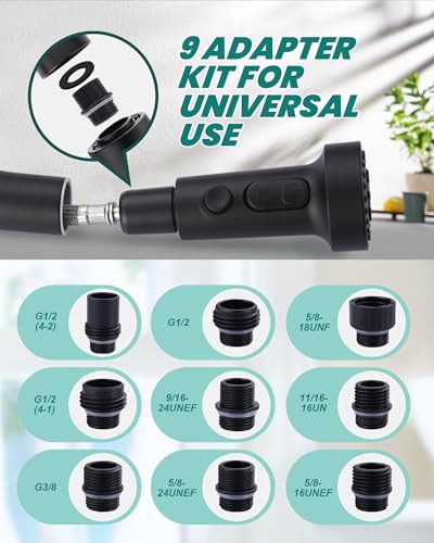Pull Down Faucet Head Replacement: 3-Function Kitchen Faucet Sprayer Head Replacement with 9 Adapters - Matte Black Sink Faucet Head Compatible with Moen, Delta, American Standard Faucets - color: Matte Black