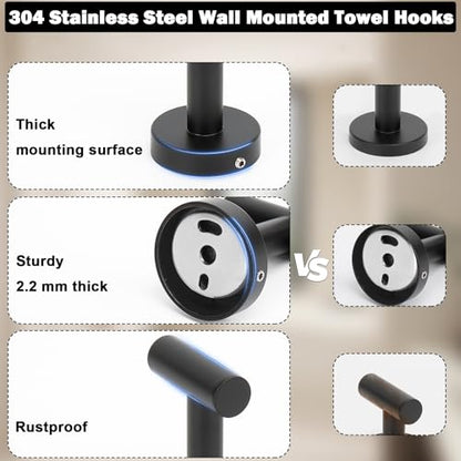 Livabber Bathroom Towel Hooks, 304 Stainless Steel Robe Shower Hooks Wall Mounted, Heavy Duty Towel Hangers for Bathroom Kitchen Bedroom (6 Pack, Black) - color: Black, size: 6 Pack