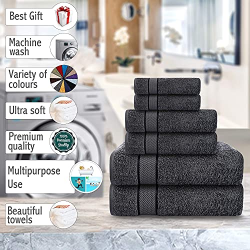 6 Piece 100% Cotton Bath Towel Set - 2 Bath - 2 Hand - 2 Face, Dark Grey | 100% Cotton • Thick & Plush • Hotel Quality • Ultra Soft • Highly Absorbent • Quick Dry • Low Lint • Machine Washable - color: Grey