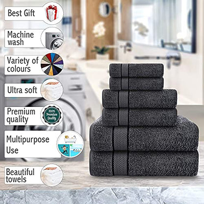 6 Piece 100% Cotton Bath Towel Set - 2 Bath - 2 Hand - 2 Face, Dark Grey | 100% Cotton • Thick & Plush • Hotel Quality • Ultra Soft • Highly Absorbent • Quick Dry • Low Lint • Machine Washable - color: Grey