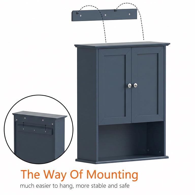 Medicine Cabinet, Over The Toilet Storage Cabinet, 24x30 Inch Wall Mount Bathroom Storage Cabinet with 2 Doors & Adjustable Shelf, Wooden Bathroom Wall Cabinet, Navy Blue - color: Blue