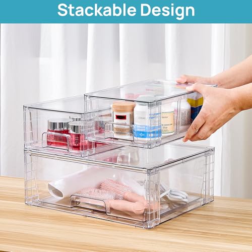 Vtopmart Clear Stackable Storage Drawers, 6 Pack Wide Organizer Set | Wide and Small Pull-Out PET Drawers for Flexible Sorting, Stackable Storage Solution for Cabinets, Closets, Pantry - style: 4 Small+2 Wide