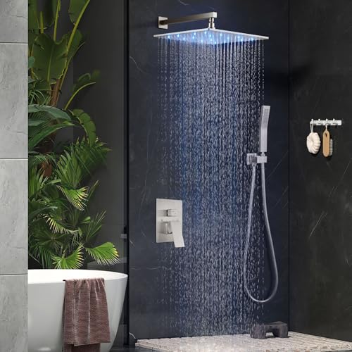 Aolemi Shower Faucet Set with Valve Handheld 16" LED Head Brushed Nickel | Handheld Spray,16 Inch Rain LED Head,Valve and Trim Kit,All Metal,Wall Mount Shower System,Bathroom Mixer - color: Nickel, size: 16 Inch LED Shower Head