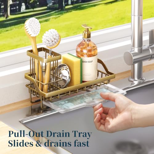 Consumest Sponge Holder for Kitchen Sink - Sink Caddy with Dish Brush Holder, Stainless Steel Kitchen Organizer with Drip Tray for Countertop, Darker Gold - color: Darker Gold