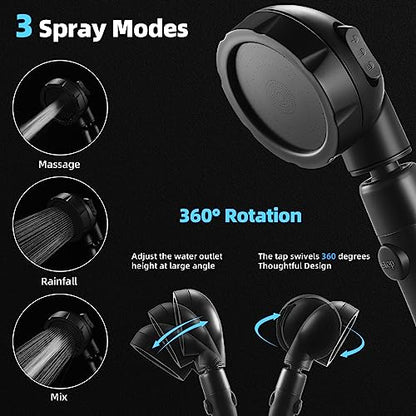 Marbrasse High Pressure Shower Head, 3-Settings Handheld Showerhead with ON/Off Full Shutoff Push Button and Switch to Control Flow, Angle-Adjustable Water Saving Body Sprays (Matte Black) - color: Matte Black